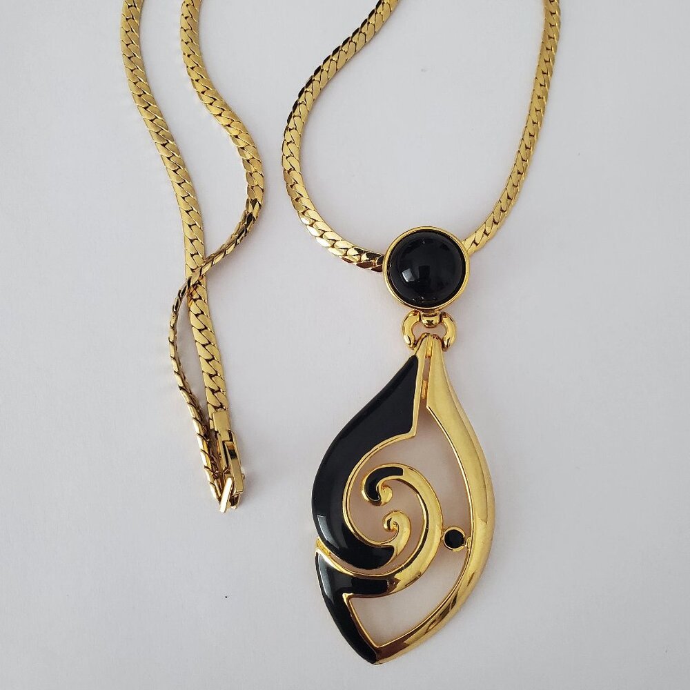 Signed Daria Black and Gold Enamel Abstract Pendant Necklace.